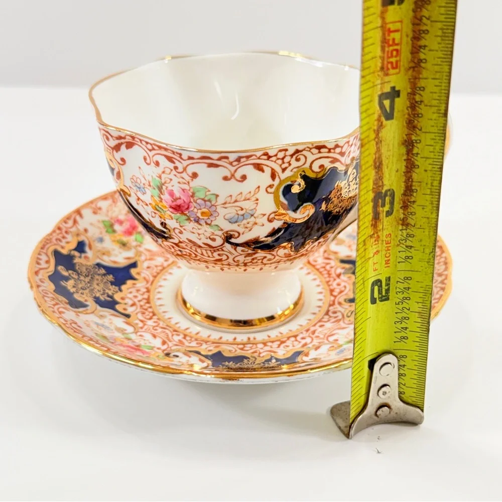 Salisbury Trio Footed Teacup Cup Saucer, Bone China Cobalt Blue Imari Floral Vtg